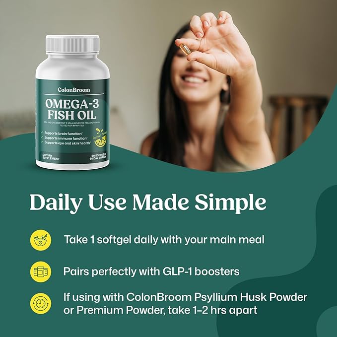 ColonBroom Omega 3 Fish Oil 2640 mg Softgels | Lemon Flavor | Daily Fish Oil Omega-3 Supplement for Women &amp Men with EPA &amp DHA | Gluten-Free Non-GMO Natural (60 Softgels 2 Month Supply)