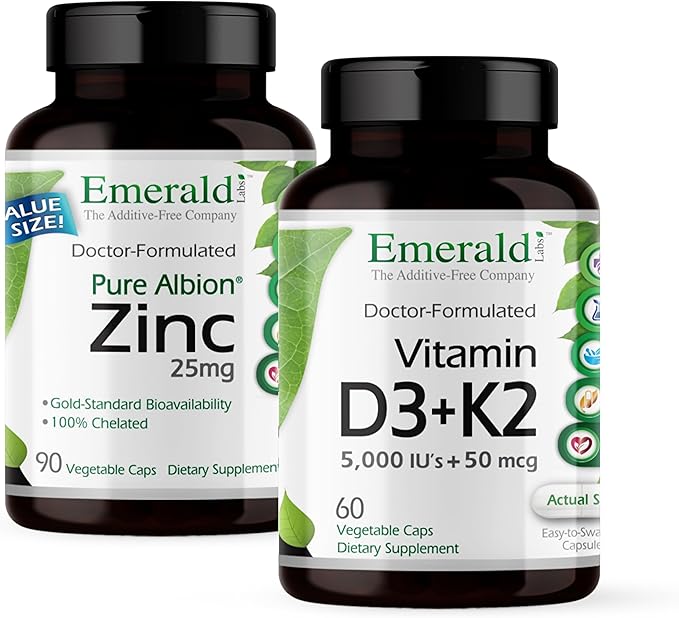 EMERALD LABS Vitamin D3+K2 (60 Caps) &amp Zinc 25mg (90 Caps) - Bone Health Heart Support Immune Support Digestive Health Oxidative Stress Support - Gluten-Free