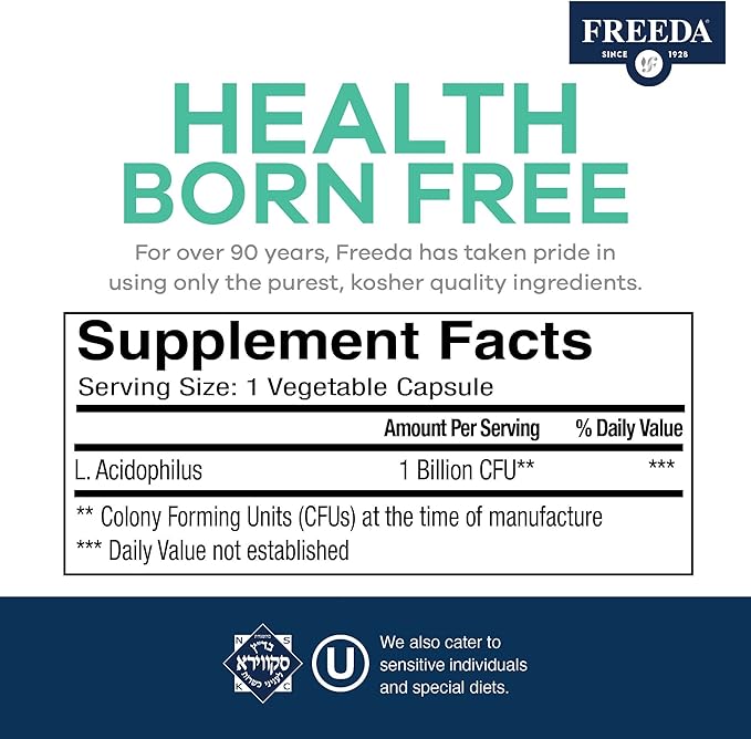 FREEDA Acidophilus Probiotic 1 Billion CFU – Lactobacillus Acidophilus for Women &amp Men – Gut Health &amp Digestive Support – Vegan Kosher Non-GMO – Shelf-Stable Supplement (100 Capsules)