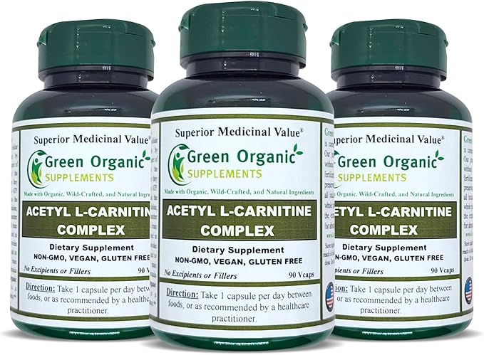 Green Organic Supplements Acetyl L-Carnitine Carnitine ALC High Absorbable Non-GMO Gluten-Free (Pack of 3)