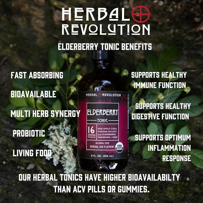 Herbal Revolution Elderberry Tonic - Certified Organic Non-GMO Apple Cider Vinegar Infused with Cinnamon Bark Raw Honey Ginger &amp More - Made Using Regenerative Farming Practices - 8 Oz