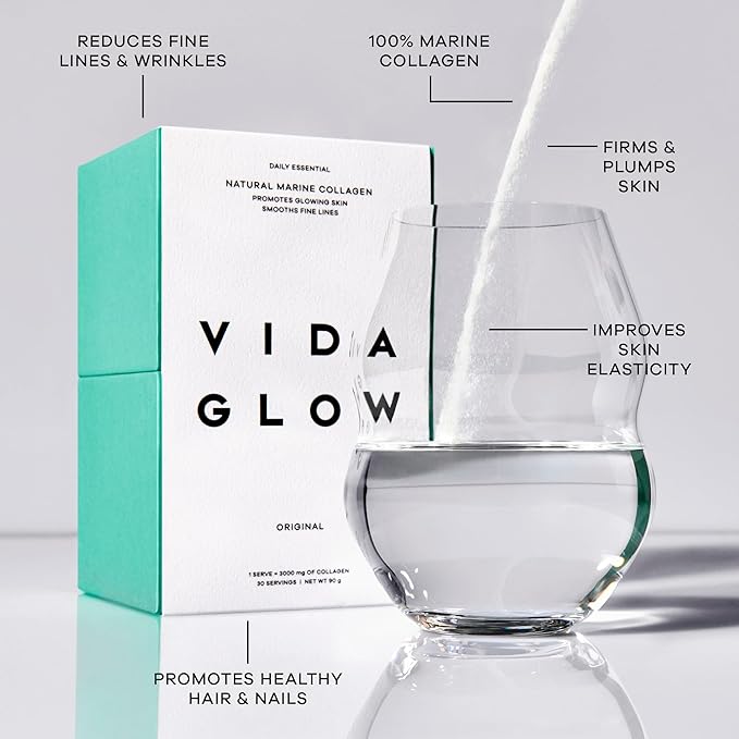 Vida Glow Marine Collagen Powder - Anti Aging Supplement with Collagen Peptides Promotes Glowing Skin Strong Nails Healthy Hair | 30 Servings Original Flavor