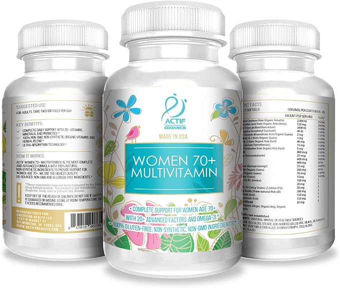 ACTIF Organic Multivitamin for Women Age 70+ with 20+ Advanced Factors and Omega-3 Oil Non-GMO Made in USA 90 Count RealCaps