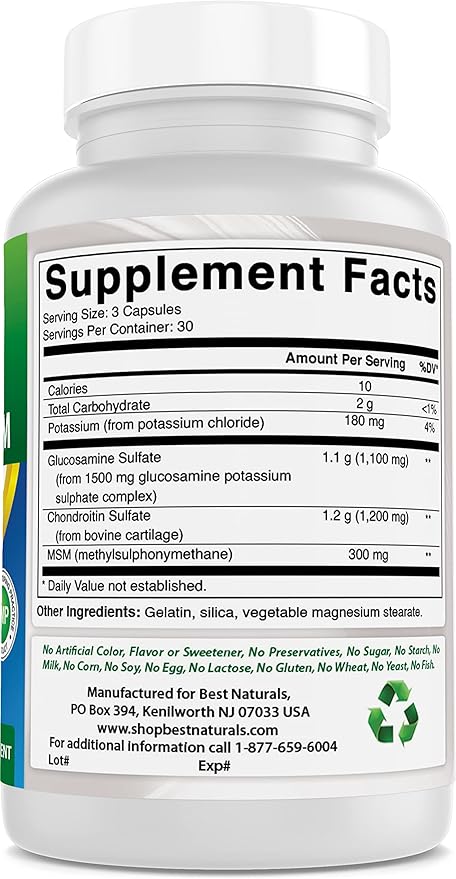 Best Naturals Glucosamine Chondroitin MSM Supplements 2600 mg per Serving 90 Capsules (90 Count (Pack of 3))