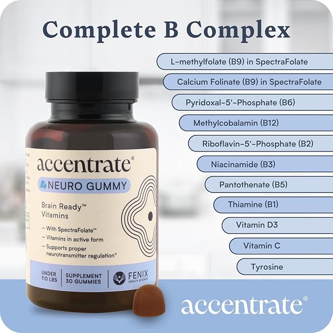 Accentrate Neuro Gummy for Kids | Supports Attention &amp Mood | Folinic Acid &amp Methylfolate | Complete Vitamin B Complex with SpectraFolate™ | MTHFR Supplement | No Artificial Ingredients | 30 G