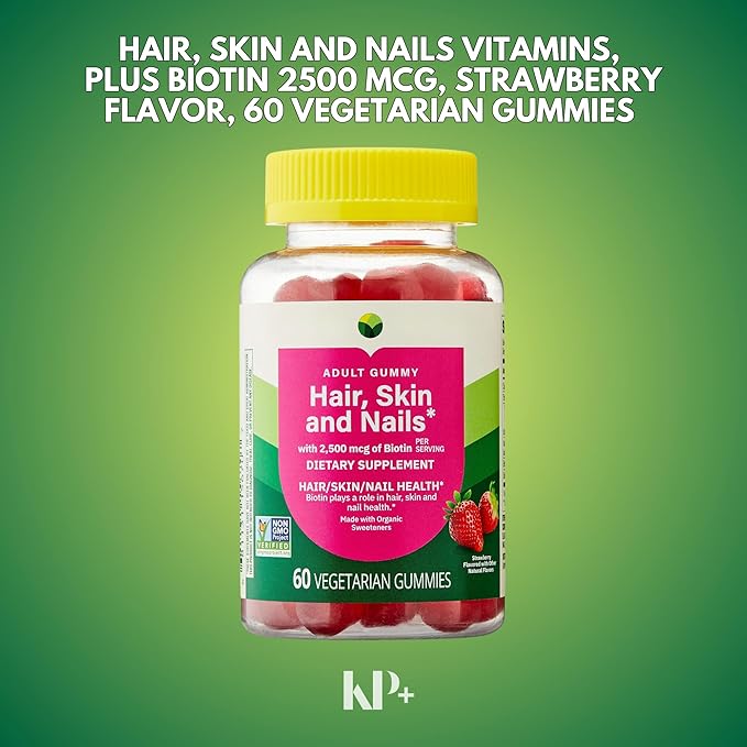 KP+ Hair Skin &amp Nails Biotin 2500 mcg | Adult Gummy Vitamins | Supports Healthy Hair Glowing Skin &amp Strong Nails | Strawberry Flavor | 60 Vegetarian Gummies | Non-GMO* | Pack of 1