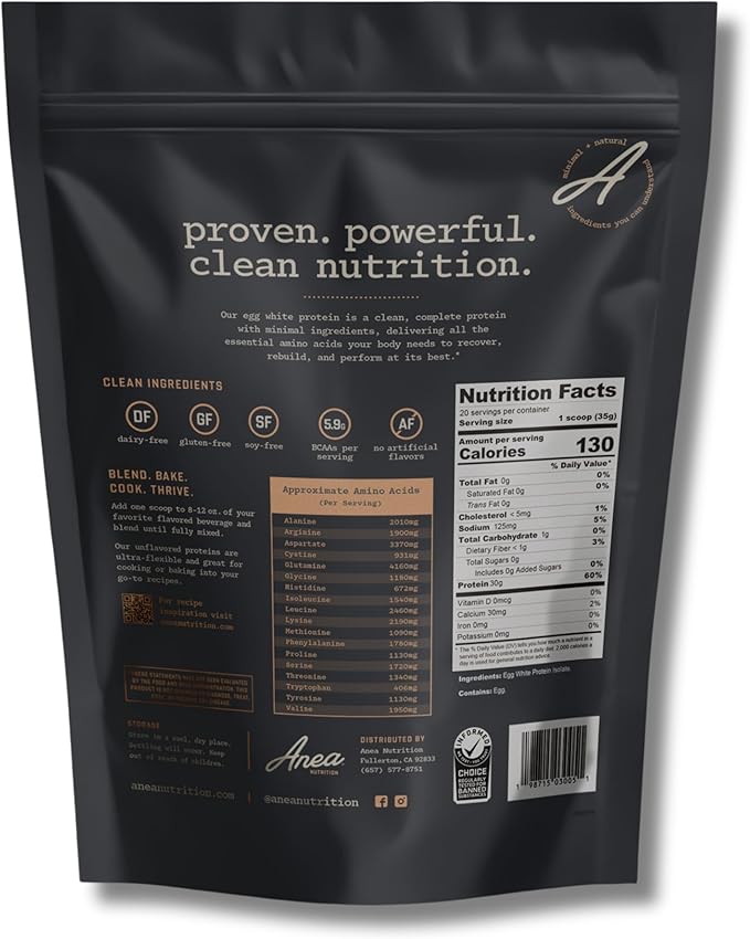 Anea Egg White Protein Isolate - Unflavored | 30g Protein | Fat-Free | 5.9g BCAA | Complete Amino Acid Profile | Dairy-Free Gluten-Free | Neutral Flavor for Shakes &amp Recipes | Made in GMP Facilit
