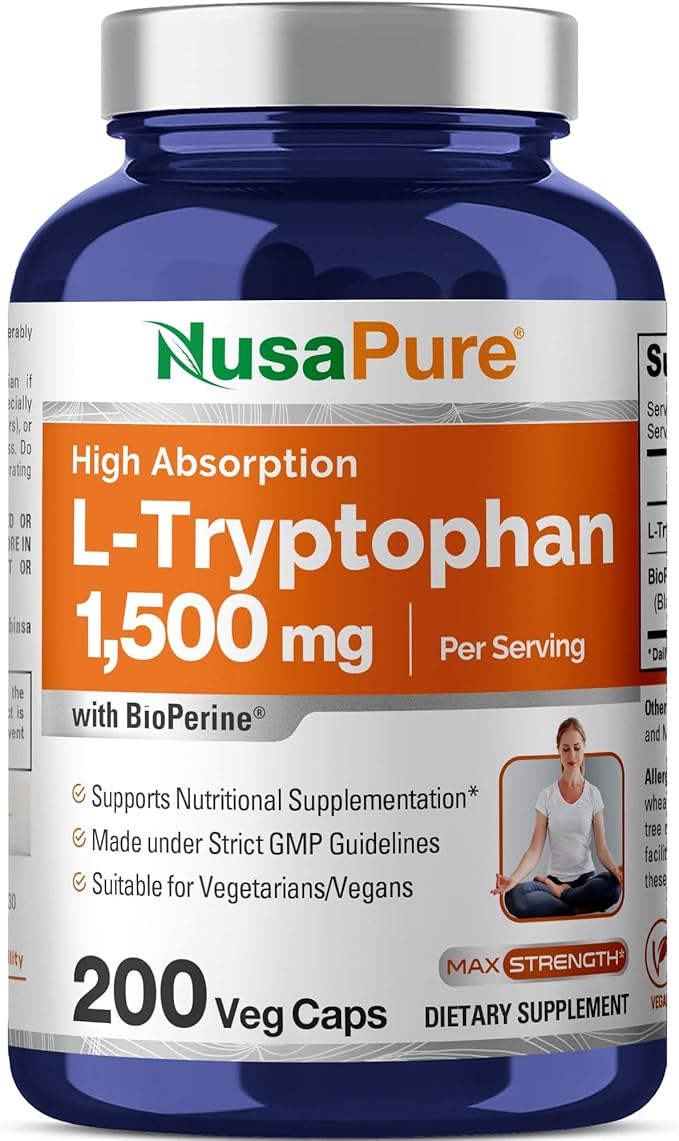 NusaPure L-Tryptophan Capsules 1500 mg 200 Veggie Capsules (Non-GMO Vegan)