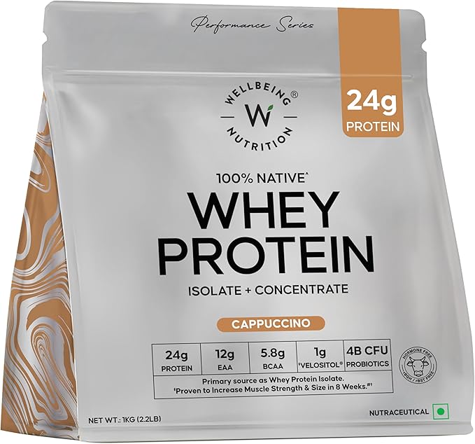 WELLBEING NUTRITION Whey Protein Isolate + Concentrate (Cappuccino) | 24g Protein 12g EAA 5.8g BCAA | Clinically Proven 2X Muscle Protein Synthesis| 4B CFU Probiotics &amp Digestive Enzymes | 1kg