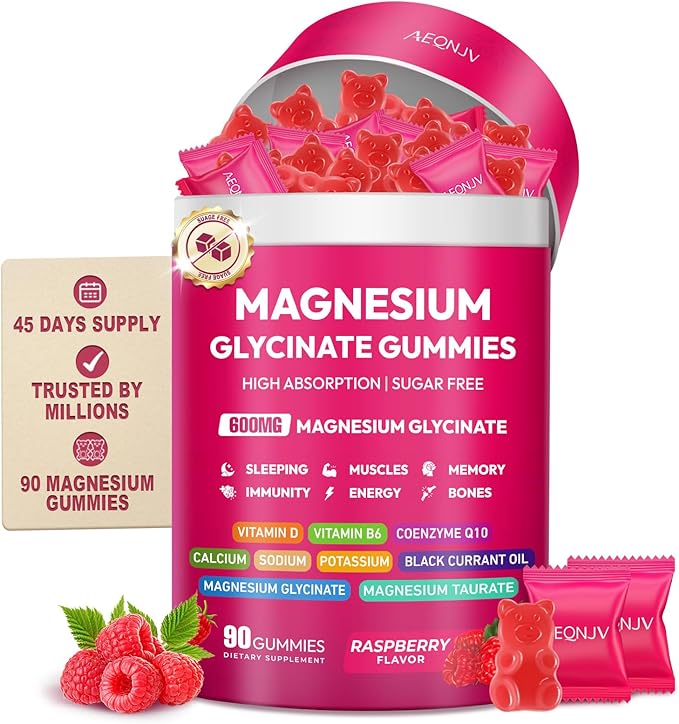 Magnesium Glycinate Gummies 600mg High Absorption Magnesium Complex Sugar Free Chewables Gummies with VitaminD &amp B6 CQ10 for Adults &amp Kids Relaxation Muscle &amp Zzz Support