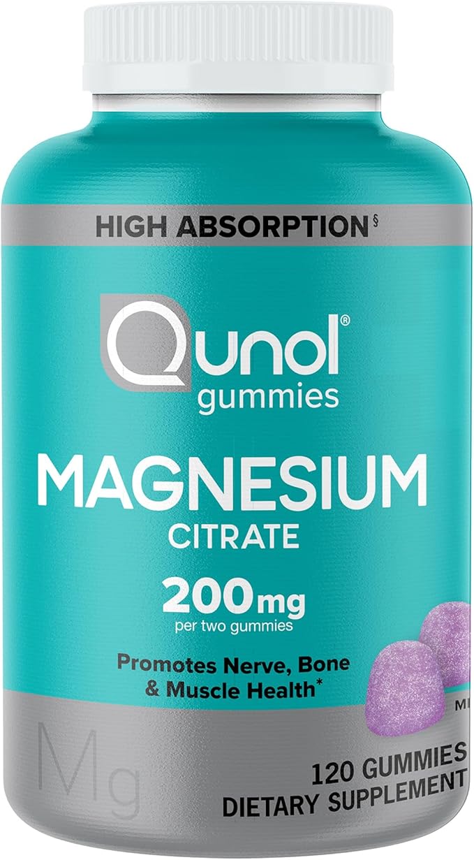 Qunol Magnesium Gummies for Adults 200mg Elemental Magnesium (from 1750mg Magnesium Citrate) High Absorption Magnesium Supplement Supports Nerve Bone and Muscle Health Vegetarian 120 Count