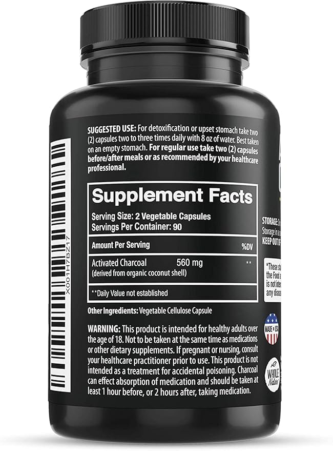 Pure Coconut Activated Charcoal Capsules - 180 Charcoal Pills Helps with Teeth Whitening Bloating and Body Cleansing. Non-GMO - Gluten Free Vegan