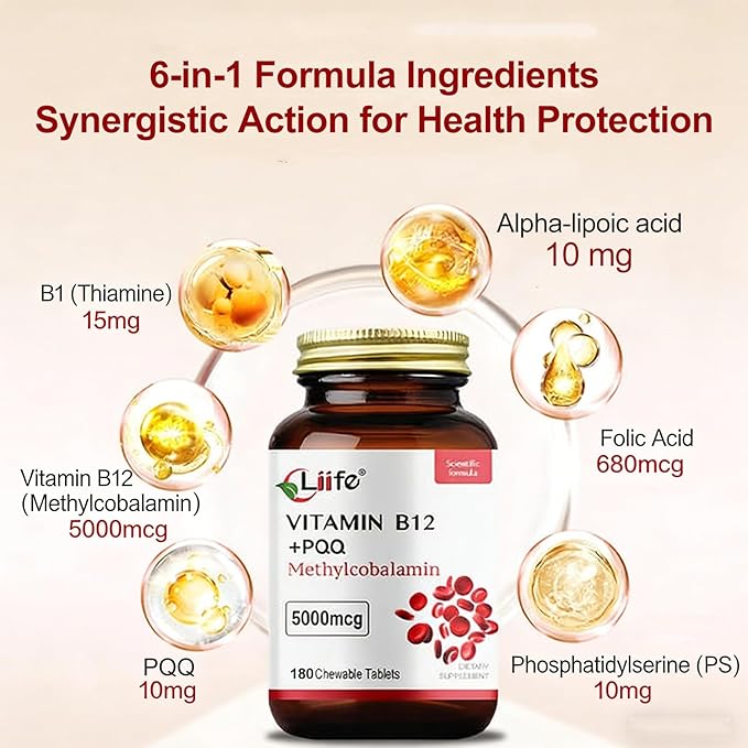 LIIFE Methylcobalamin (Higher PQQ + Vitamin B12) 5000 mcg | Boosts Antioxidant Power &amp Mitochondrial Support Promotes Brain &amp Nerve Health | 180 Chewable Tablets Gluten-Free Formula Cherry