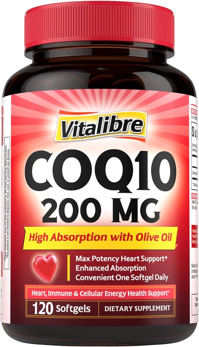 CoQ10 200 mg with Extra Virgin Olive Oil High Absorption CoQ10 Ubiquinone Max Potency Heart &amp Cellular Energy Support Powerful Antioxidant Easy to Swallow Once Daily 120 Softgels