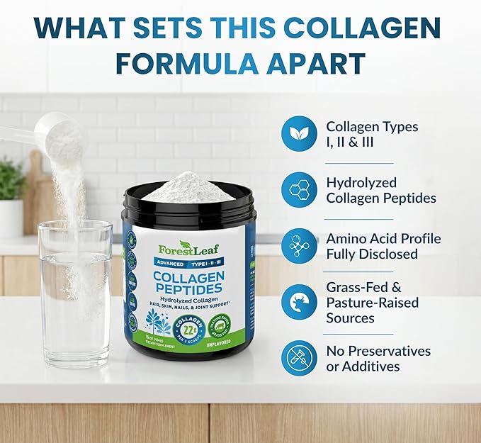 ForestLeaf Collagen Peptides Powder Unflavored - Hydrolyzed Grass Fed Keto Collagen Protein Powder Type 1 2 &amp 3 - Vital Hair Skin Nails Joints Recovery 11g Per Serving