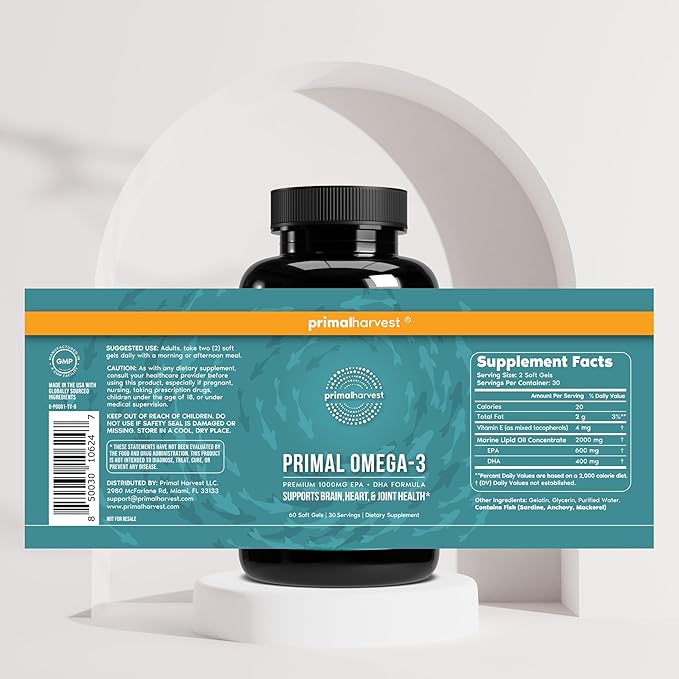 Primal Harvest Omega 3 Fish Oil Supplements 30 Servings Soft Gels Capsules w/ 1000mg EPA + DHA Supplements No Fishy Burps Non-GMO Omega 3 Fatty Acid 2 Pack