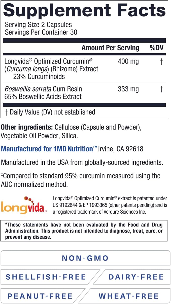 1MD Nutrition CurcuminMD Plus - Turmeric Curcumin with Boswellia Serrata - 285x More Absorbable | Joint Stiffness Muscle Recovery and Mood Support | 180 Capsules (3-Pack)
