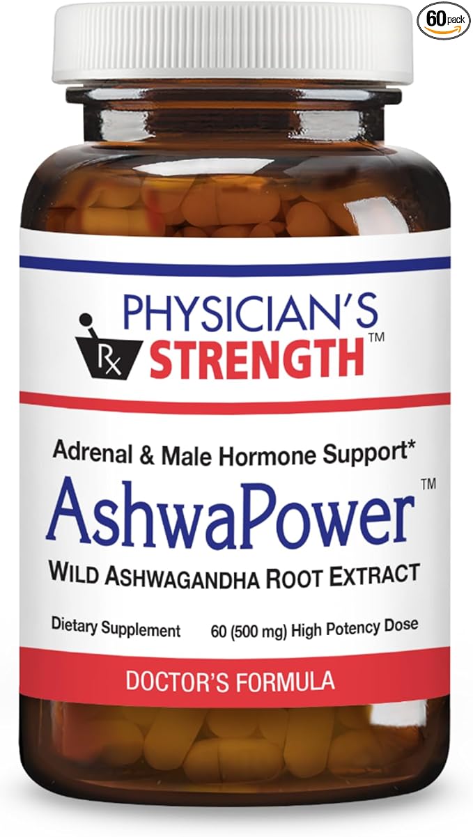 Physician's Strength AshwaPower - 60 Capsules - Wild Ashwagandha Root Extract - Supports Overall Health &amp Energy - Non-GMO - 30 Servings