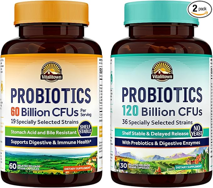 Vitalitown Probiotic Bundle (Pack of 2) | Probiotics 60 Billion CFUs (Item 1) &amp Probiotics 120 Billion CFUs (Item 2) | Shelf Stable | Digestive &amp Immune Health | 30 Day Supply Each