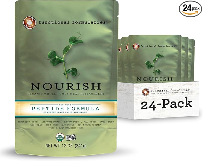 FUNCTIONAL FORMULARIES Nourish Organic Pediatric Peptide Tube Feed Formula 17g Protein 10g Fiber Meal Replacement 12 Oz (24 Pack)