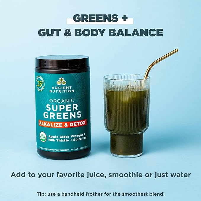 Ancient Nutrition Supergreens Alkalize &amp Detox Powder Organic Superfood Powder Made from Real Fruits Vegetables and Herbs for Digestive and Energy Support 25 Servings 7.5oz