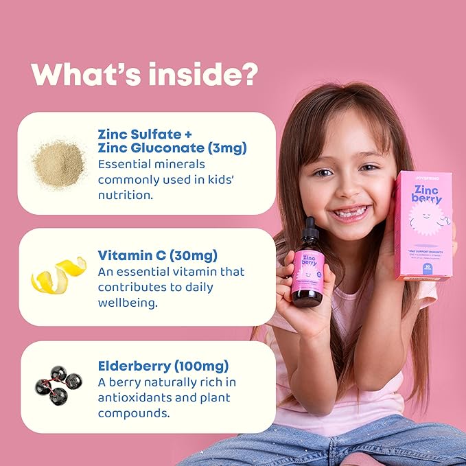 JoySpring ZincBerry - Kids Zinc &amp Vitamin Supplement (2 fl oz) Immune Support Drops with Elderberry Flavor for Kids 3-16+ Years (Pack of 2)