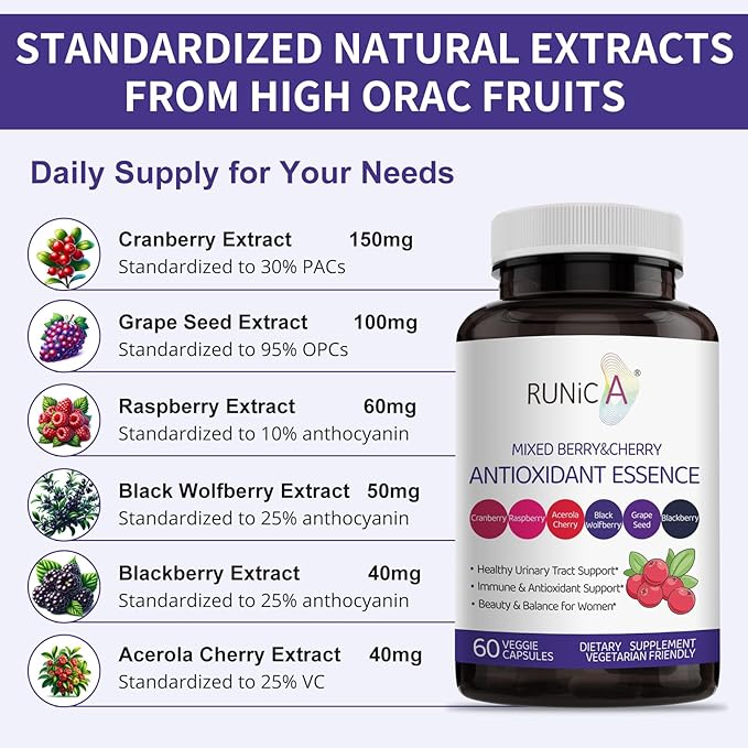 6X 6-in-1 Mixed Berry &amp Cherry Antioxidant Supplement - 6-Berry Superfood Blend for Radiant Skin Glow &amp Immune Support - 60 Vegan Capsules 30-Day Starter Pack