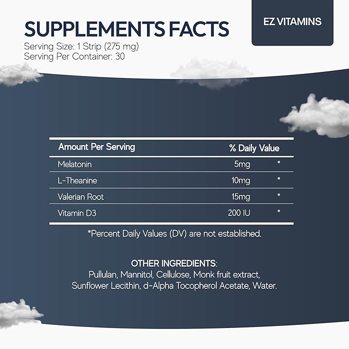 Dissolvable Oral Sleep Strips with 5mg Melatonin Valerian Root L-Theanine Vitamin D3 - Sleep Support Oral Strips with Sleep Mask Fresh Mint Flavor No Water Needed Works Faster Than Gummies 30ct
