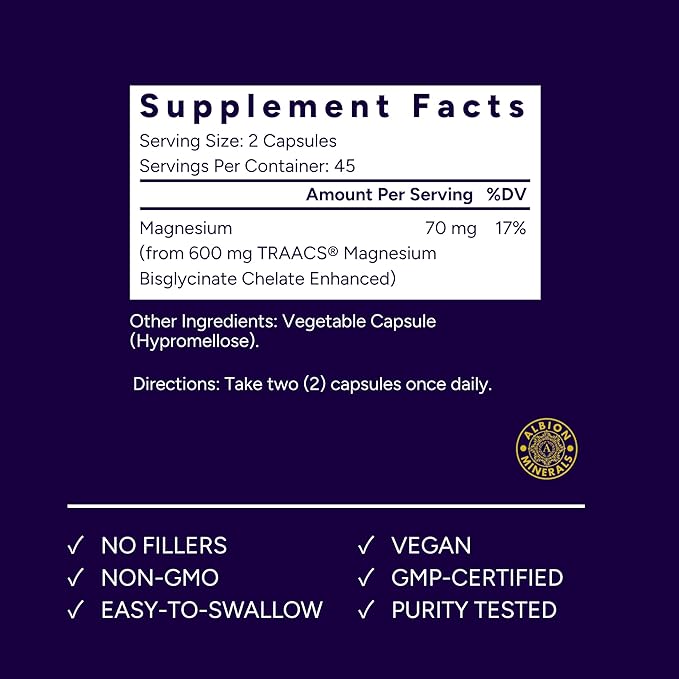 Low Dose Magnesium Glycinate - 70 mg per Serving - 90 Capsules Easy to Swallow