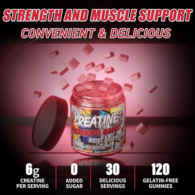 Creatine Monohydrate Gummies 6g for Men WomenComplex Creatine Monohydrate Chewable for Muscle StrengthMuscle BuildingEnergy BoostPre-Workout Energy SupplementVegan Strawberry - 120 Count