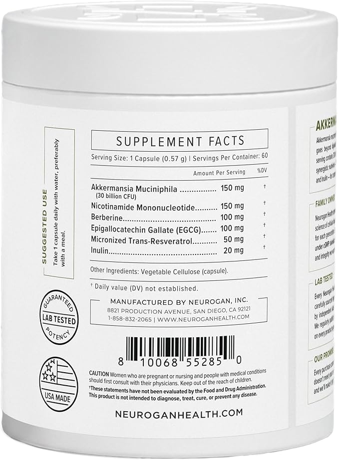 Neurogan Akkermansia Muciniphila Probiotic + Supplement - 30 Billion CFU - Probiotics for Digestive Health &amp Cellular Support – Probiotic Capsules Women - 2 Month Supply 60 Count Made in USA