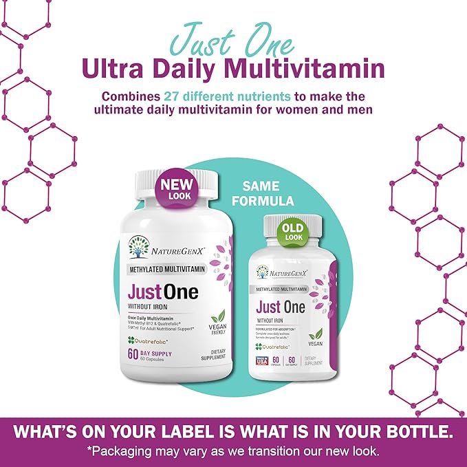 Just One Daily Methylated Multivitamin - 60 Caps Pure Methyl B12 Methylfolate MTHFR Support Supplement Iron Free Methylated Vitamins for Men &amp Women 2 Months Supply Gluten Free