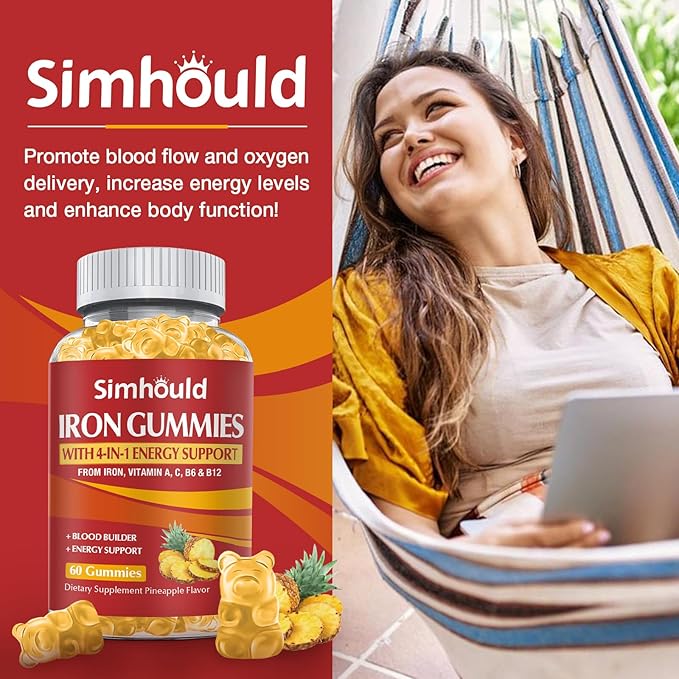 2 Pack Vegan 80MG Iron Supplement Gummies for Women &amp Men - Vitamin A C B for Adults &amp Kids - Blood &amp Builder &amp Energy Support for Iron Deficiency Anemia 120 Counts Pineapple Flavo