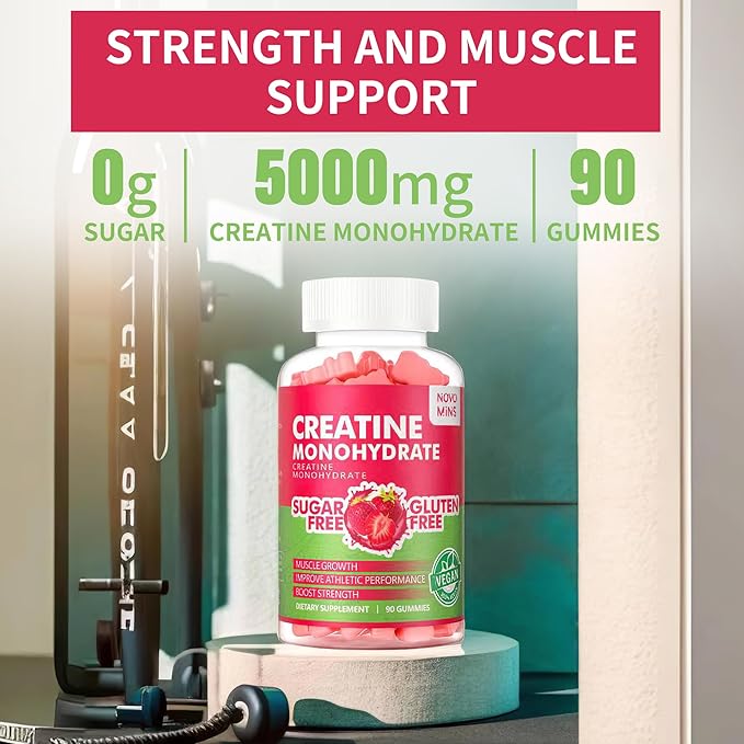 Novomins Creatine Monohydrate Gummies 5000mg for Men &amp Women Chewables Creatine Monohydrate for Muscle Strength Muscle Builder Energy Boost Pre-Workout Supplement(90 Count)-Strawberry Flavor