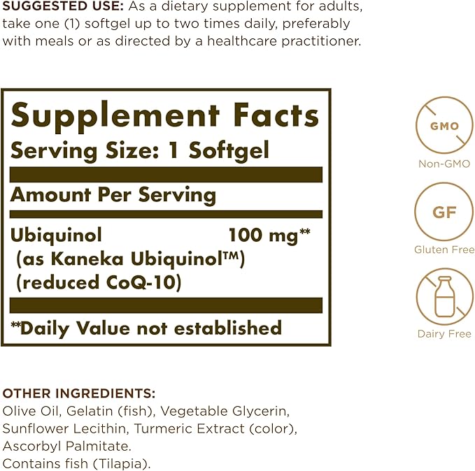 Solgar Ubiquinol 100 mg (Reduced CoQ-10) - 50 Softgels - Advanced Antioxidant Support - Non-GMO Gluten Free Dairy Free - 50 Servings