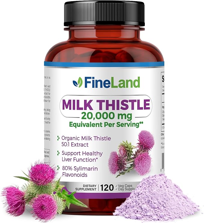FineLand Milk Thistle Pills 50:1 Extract with 80% Silymarin Flavonoids – Liver &amp Antioxidant Support - 50X Concentrated Seed Extract -120 Vegan Capsules Non-GMO Made in USA