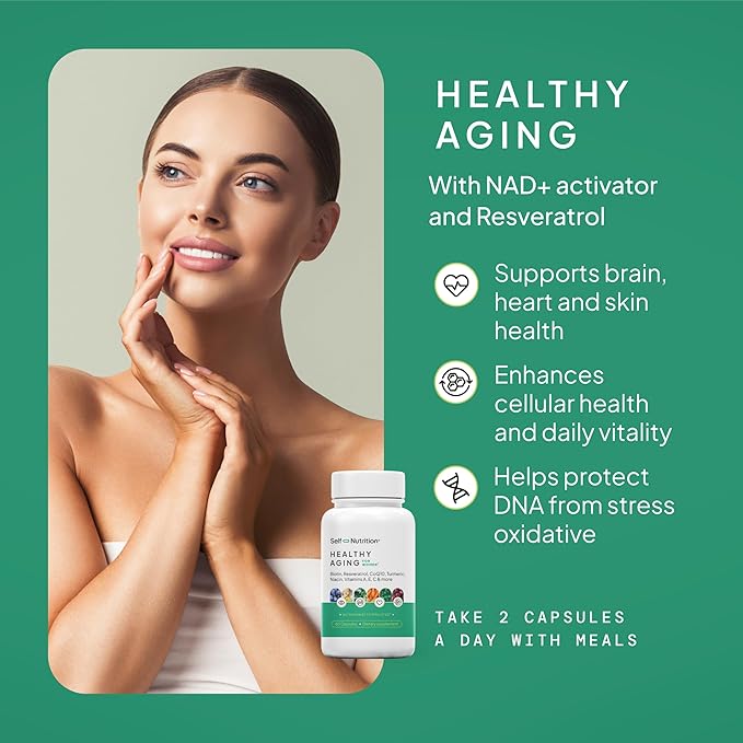 Healthy Aging Supplement for Women - NAD+ Resveratrol Collagen Booster Biotin Hyaluronic Acid &amp More. Cellular Energy Healthy Aging Skin Support - USA Vegan 60 Capsules.