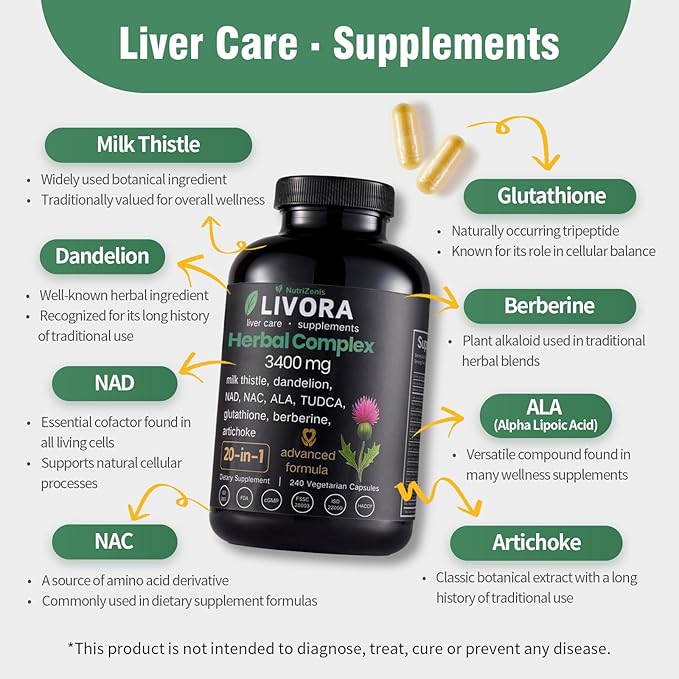 Liver Support Supplement 3400mg Advanced 20-in-1 Formula with Milk Thistle NAC NAD+ TUDCA Glutathione Dandelion &amp Artichoke Herbal Complex 240 Vegetarian Capsules 4 Month Supply