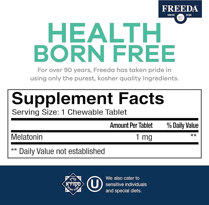 FREEDA Melatonin 1 mg Sugar-Free Chewable Tablets – Natural Fruit Flavor Sleep Aid for Adults and Kids Ages 3 and Up – Non-Habit Forming Vegan Gluten-Free Kosher – Made in USA (180 Count)