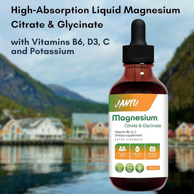 JANTU High‑Absorption Liquid Magnesium Citrate &amp Glycinate with Vitamins B6 D3 C &amp Potassium – Alcohol‑Free Glycerin‑Based Vegan 60‑Day Supply – 4 oz
