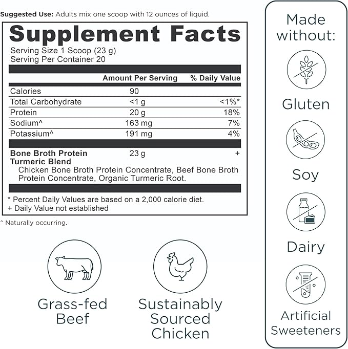 Ancient Nutrition Grass Fed Cage Free Bone Broth Protein Powder 20g Protein Hydrolyzed Collagen Peptides Keto &amp Paleo Friendly Supports Joint &amp Gut Health Turmeric 20 Servings