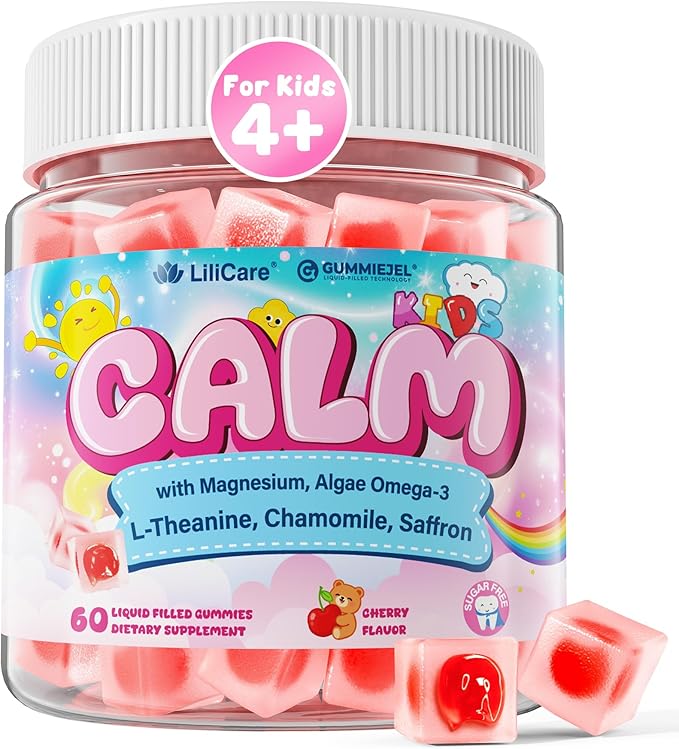 Kids Calm Magnesium Bisglycinate + Omega 3 Gummies High Absorption Magnesium Glycinate Supplement Gummy for Kids with L-Theanine Chamomile &amp Saffron Natural Calming Focus Gummies - Sugar Free