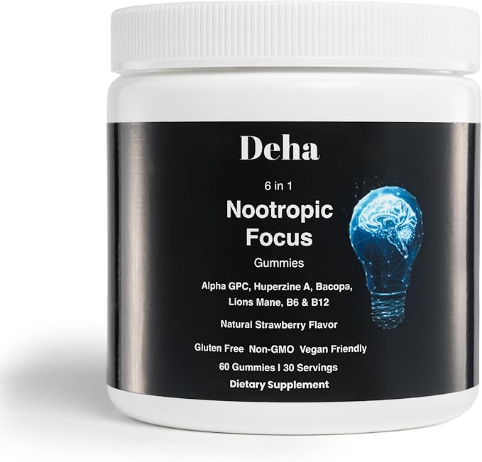 Deha Focus Gummies Nootropic Brain Supplement with Vitamin B6 Vitamin B12 Alpha GPC Huperzine A Bacopa Monnieri Lions Mane Mushroom Gummies – Vegan Non-GMO Gluten-Free – 60 Gummies