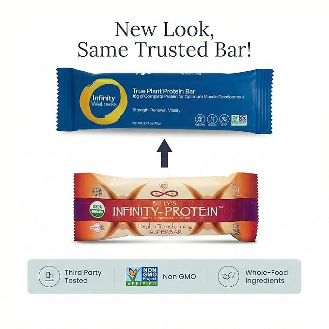 Billy's Infinity Plant Based Protein Bars Healthy Snacks with 18g of Plant Protein Organic Gluten Free Dairy Free Soy Free Sweetened with Dates and Honey (12 Bars)