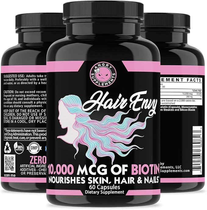 Angry Supplements Hair Envy 10000 mcg Biotin + Keratin Grow + Hydrate Hair Strengthen Thicken Nails Clear &amp Nourish Skin – Help Damaged Thinning Hair (3-Bottles)