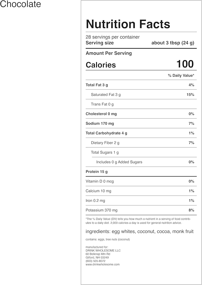 drink wholesome Chocolate Egg White Protein Powder for Sensitive Stomachs | Minimally-Processed Whole-Food Protein | Additive-Free Dairy-Free Gluten-Free | Low FODMAP