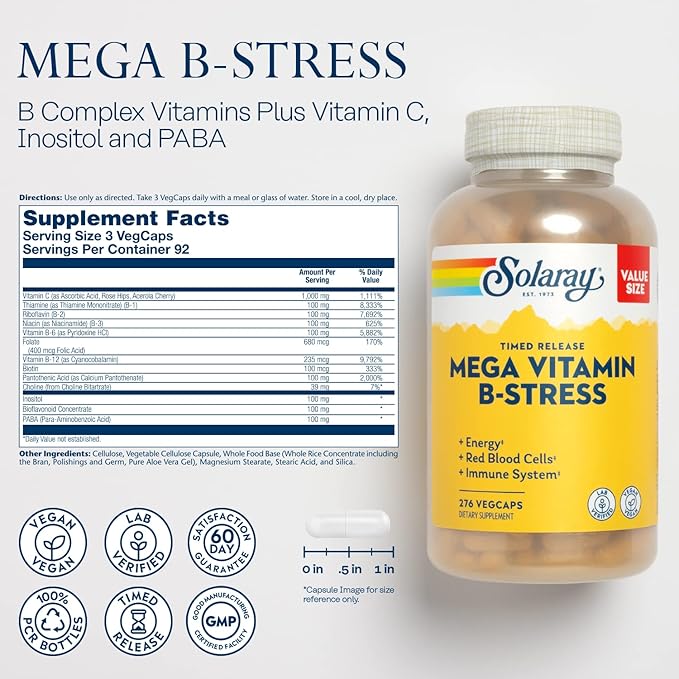 SOLARAY Mega Vitamin B-Stress - Timed Release Vitamin B Complex w/Vitamin B12 B6 Folic Acid VIT. C - Stress Energy Red Blood Cell Immune Support - Vegan 60-Day Guarantee (276 CT)