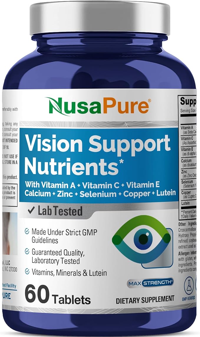 NusaPure Vision Support Nutrients with Vitamin A C E Calcium Zinc Selenium Copper Lutein 60 Tablets Non-GMO Dietary Supplement