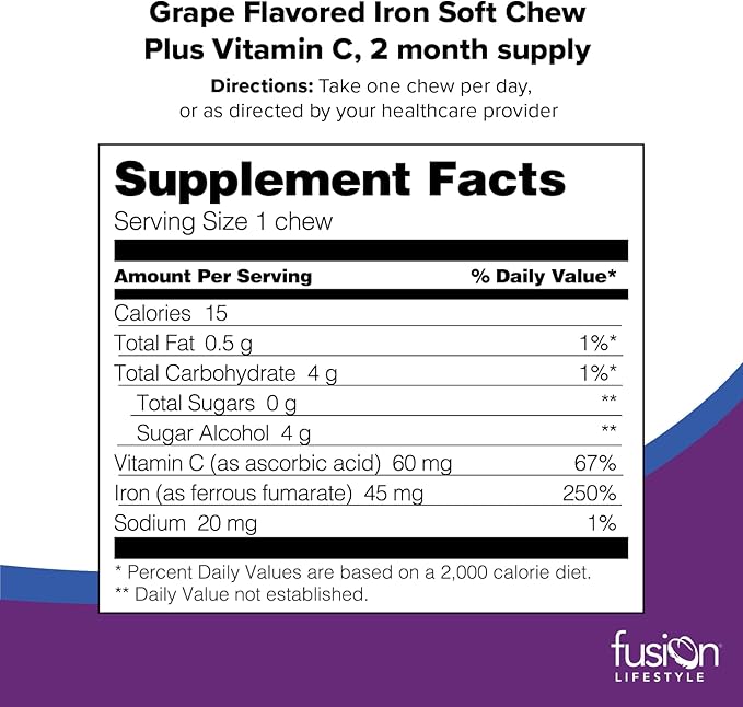 Chewable Iron Supplement for Women &amp Men - Grape Flavor Iron Vitamin C Soft Chew for Max Absorption Iron as Ferrous Fumarate Ideal for Anemia and Iron Deficiency 2 Month Supply