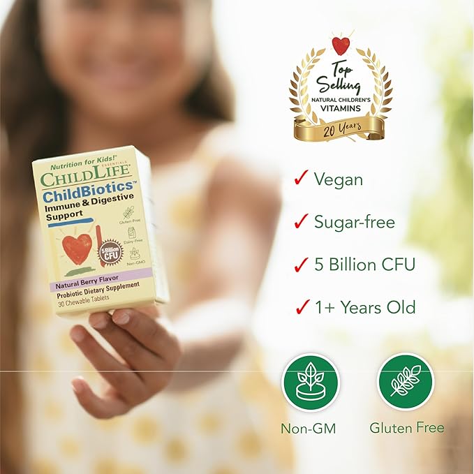 CHILDLIFE ESSENTIALS Childbiotics Immune &amp Digestive Support - Kids Probiotic Probiotics for Kids &amp Toddlers Childrens Chewable Probiotic for Gut Health - Natural Berry 30 Chewable Tablets